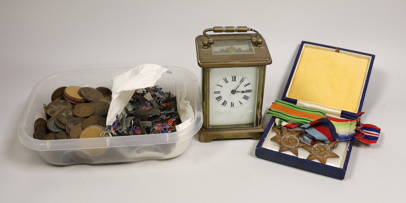 Medals, toy soldiers, medals, coinage and carriage clock